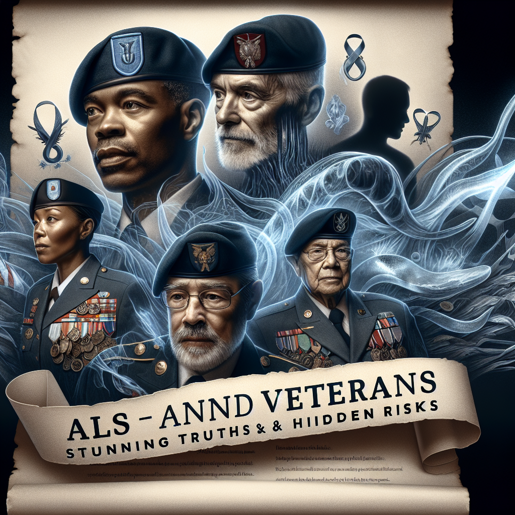 A detailed image that captures the essence of veterans who are impacted by ALS. In the foreground, show a diverse group of veterans, including a Black female veteran and a Hispanic male veteran, wearing their military medals. Their facial expressions convey a mix of strength and concern. In the background, show abstract symbols representing hidden risks, such as a concealed iceberg or a dark shadow looming. Overlay the image with an unfurling scroll that reads: 'ALS and Veterans: Stunning Truths & Hidden Risks', in embossed, bold letters.