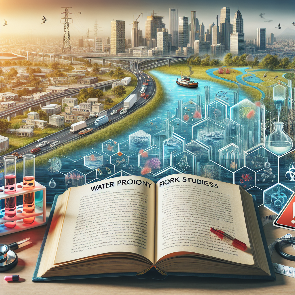 Visualize the criticality of water proximity for ALS risk factors. The image shows an opened academic book lying on a table, with a bookmarked page detailing 'Water Proximity Studies'. Next to it should be a collection of scientific instruments like a microscope and a test tube rack with different colored solutions. In the background, illustrate a large, detailed water body surrounded by a hectic urban environment on one side and a peaceful rural setting on the other side. Overlay a red 'warning' sign on the urban area to signify increased ALS risks due to being near the water.