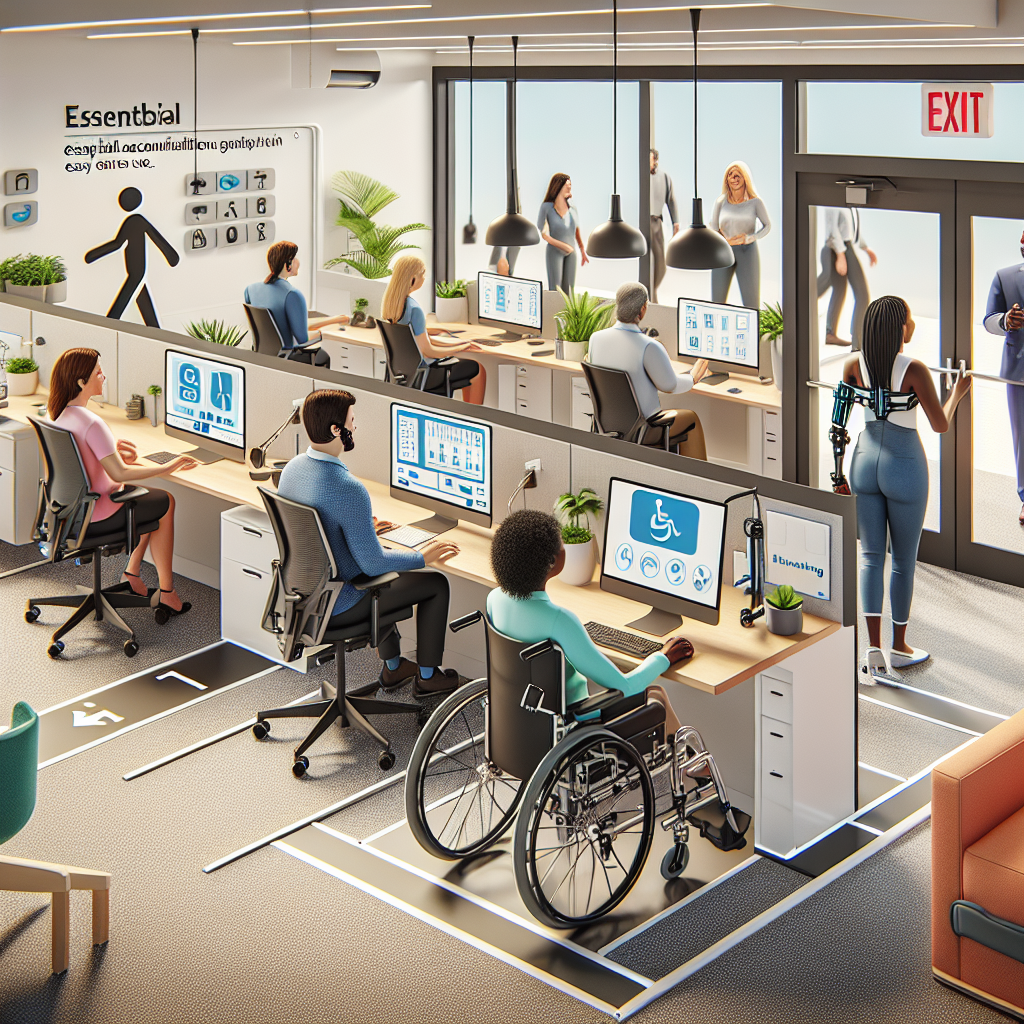 Envision an office scene designed with essential accommodations for ALS patients.  A Caucasian woman using a wheelchair, with a computer that has a specialized keyboard for easy use. A Hispanic man with leg braces, using a standing desk for support. An African woman, wearing a speech-generating device, is in a meeting, actively participating through her assistive tech. Extra-wide hallways and doorways for easy mobility, alongside ramps positioned at entrance and exit points. Ergonomic chairs for those who can sit, and high-tech communication gadgets for ensuring seamless, inclusive communication. This inclusive workplace is modelled on support, care, and empathy.