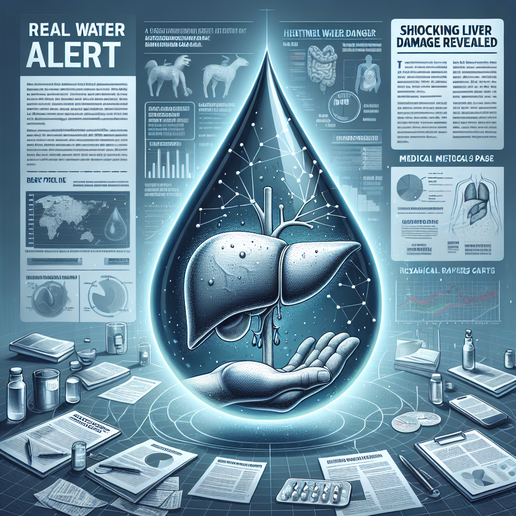 Illustrate the scene of an informative article cover with a large, ominous water droplet symbolizing potential danger. Inside the droplet, depict a medical illustration of a liver, subtly breaking apart or with signs of decay to represent the damage risk. Around the droplet, show scattered medical reports, research papers, and graphs highlighting the issue. Have the title 'Real Water Alert: Shocking Liver Damage Risk Revealed' in bold letters, prominently displayed. Use a muted color palette with dominant blues and grays to maintain a serious tone throughout the picture.