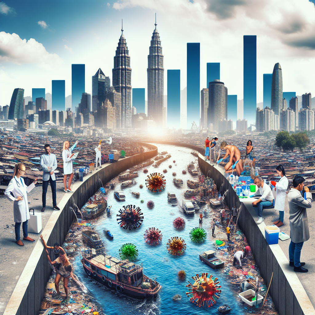 Picture the heart of a bustling and diverse urban cityscape. In the center, a large river flows, fraught with signs of pollution - murky water color, floating waste, and a pungent smell. Near the river, people from diverse descents and genders are shown, with concerned expressions, testing the water quality or engaged in clean-up efforts. In the foreground, an alarming rising graph, symbolically made out of polluted water, illustrates the increase in Hepatitis rates, creating a poignant juxtaposition between city life and its often unseen consequences.