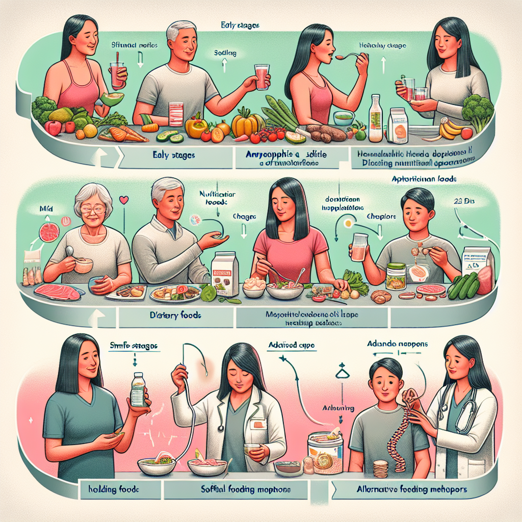 A visual representation of a timeline, detailing the progression of ALS (Amyotrophic lateral sclerosis), along with vital nutritional advice. Some notable elements include: early stages showcasing a vibrant, healthy individual enjoying diverse foods like fruits, vegetables, and protein-rich meals; mid-stages illustrating dietary changes, like softer foods and nutritional supplements; and advanced stages depicting alternative feeding methods. Include supportive healthcare professionals helping guide the process. Let's depict the healthcare professional as an Asian female, and the individual with ALS as a Middle-Eastern male. The style should have a balance between realism and educational illustration, with highlighted elements to draw focus.