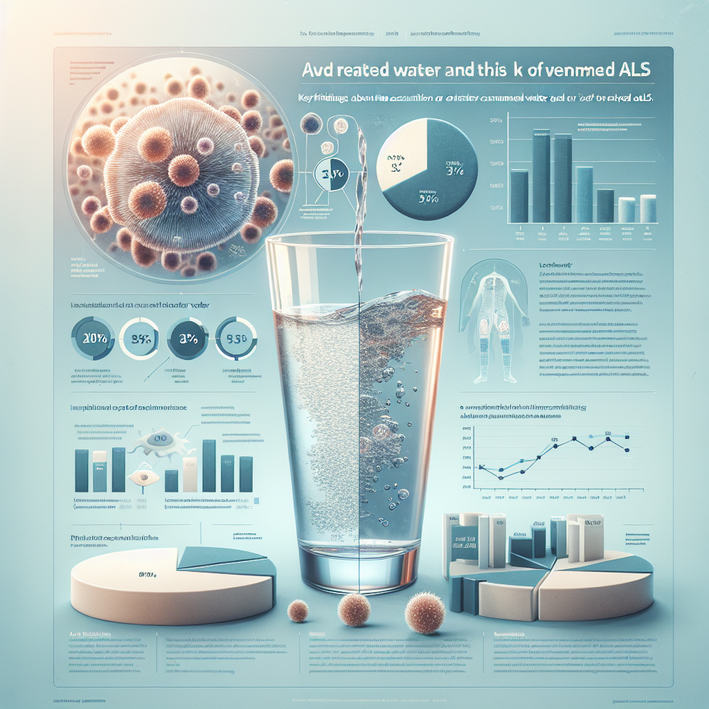 An elaborate infographic presenting key findings about the association between the consumption of raw treated water and the risk of developing ALS. The infographic features a water glass, half-full with clear clean water, and half-filled with raw, untreated water. Overlaying this are statistical data, as well as images of a microscopic view of untreated water, emphasizing various pathogens. It includes a bar graph comparing incidence rates of ALS among different population demographics and a pie chart illustrating the proportion of ALS patients who consume untreated water. The backdrop is a soft, calming shade of blue to inspire a sense of tranquility amidst the conveyed concerns.