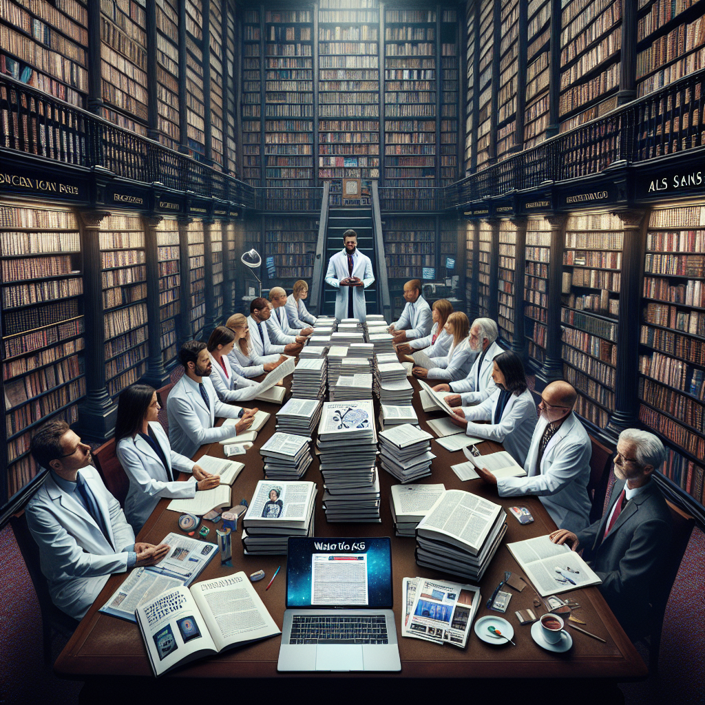 Picture an imposing library filled with countless books. Focus on a center table housing a stack of relevant research papers titled 'Water Role in ALS'. Around the table, a group of gender-balanced and racially diverse scientists are in a deep discussion, each holding a paper from the stack. A opened laptop at one end of the table displaying a webpage with the headline 'ALS Scandal'. The atmosphere is intense, expressing the severity of the situation. All elements in the scene should reflect the central theme of the 'Water Role in ALS': research, intrigue, scandal, and earnest discussion.