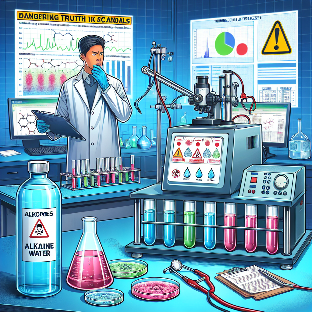 Illustrate a themed image for an article discussing alkaline water toxins scandals. The image should represent a chemical analyser machine on a laboratory desk, with petri dishes containing colored liquid samples next to it. There should be a big bottle labelled 'Alkaline Water' which appears to have been recently tested. Charts and graphs indicating dangerous levels of toxins are spread across the lab table. This should allude to the shocking truth being revealed. In the background, a worried scientist of Asian descent exploring the previous results on multiple computer screens. No logos, licensed scientific equipment or identifiable people should be included.