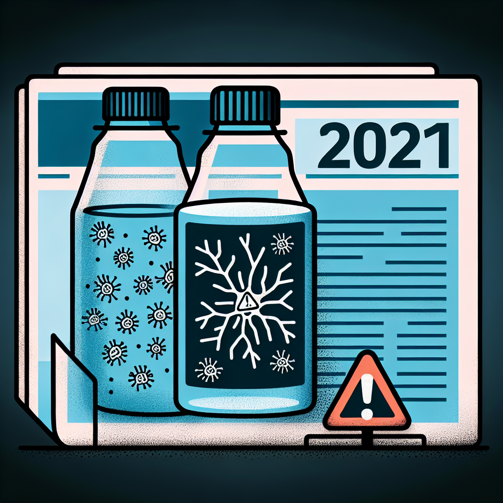 Visual depiction of a news article highlighting the water recall event in 2021. The main image should be of a water bottle, perhaps with a danger sign drawn onto it. The bottle is surrounded by small icons representing neurons, displaying signs of damage or malfunction to symbolize the connection to motor neuron risk. In the background, there's a fading year mark 2021. Please note that it should remain clear that the image is for illustrative purposes only.