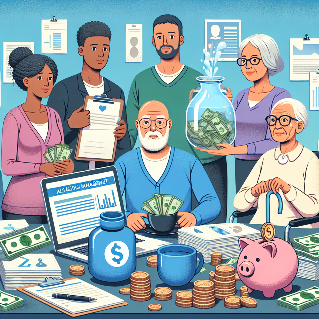 Visualize an image related to ALS care in the context of financial management. The main focus should be surviving family members involved in financial planning. Create an inclusive and representative picture showing a diverse group of people, including a Caucasian man, a Black woman, a Hispanic elderly woman and a Middle-Eastern young adult. They are seated around a table covered in medical records, ALS medication, a laptop showing budgeting software, and a piggy bank symbolizing savings. Coin stacks and a water bottle spilling over onto a piles of bills, representing the 'water blunder', are also prominently featured.