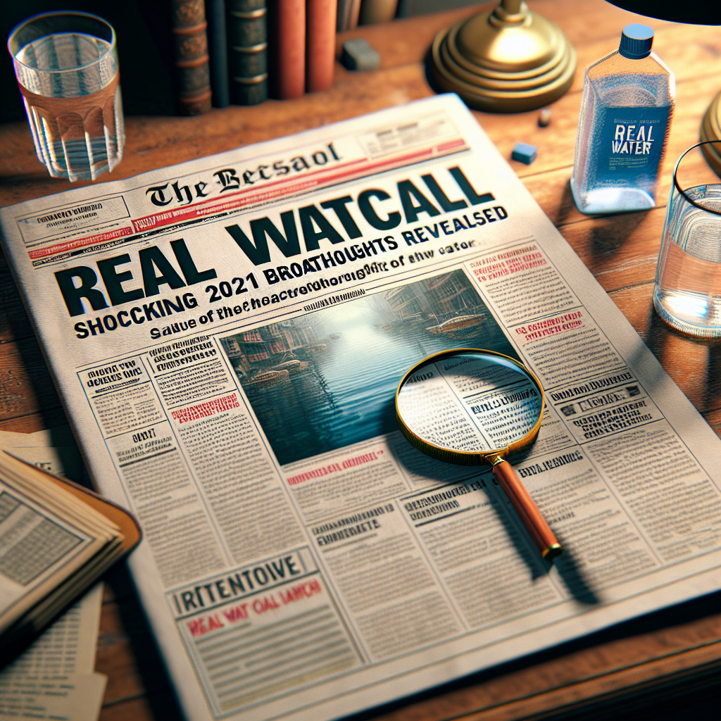 An image of a newspaper laying open on a table, with the headline 'Real Water Recall: Shocking 2021 Breakthroughs Revealed'. There are several detailed articles accompanying the headline, highlighting the critical points of the story like the cause of the recall, important developments in the case, and authorities' reactions. Surrounding the newspaper are a magnifying glass focusing on the important parts of the articles, a filled glass of water, and a bottle labeled 'Real Water'. The setting is a cozy home study with a wooden table, a comfortable chair and a lamp reflecting the light onto the newspaper.