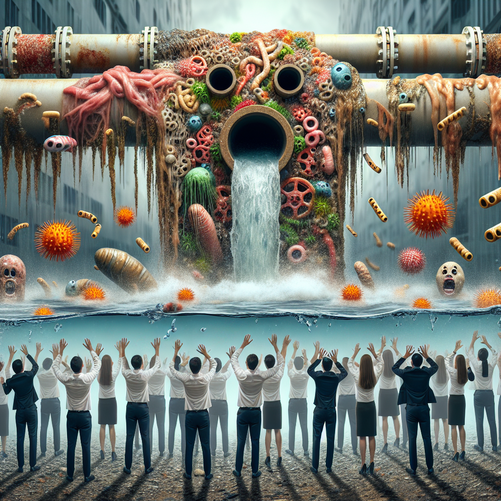 Create an image representing a shocking revelation about the failure of the water industry's methods in preventing waterborne diseases. The image can include visuals such as water pipes with teeming germs and bacteria, polluted water bodies, and a stunned crowd representing the public catching a first glimpse of this horrifying reality. These elements work together to highlight the issue of negligence and lack of proper monitoring systems, resulting in the outbreak of various waterborne diseases. Please remember to avoid unnecessary fear-mongering or offensive visuals.