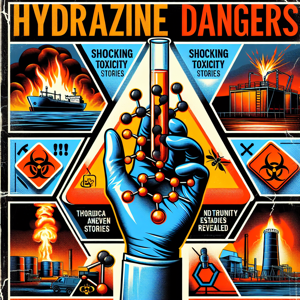 Visualize an industrial safety article cover titled 'Hydrazine Dangers: Shocking Toxicity Stories Revealed'. Show symbolic images representing the dangers associated with hydrazine, such as a stylized hydrazine molecule, toxic hazard symbols, a damaged industrial tank leaking a dark liquid, and dramatic reaction explosions. Include a gloved hand holding up a glass test tube with a dangerous-looking substance inside as a symbol of its industrial use. Please note that this should all be set against a bold, alarming background to emphasize the shocking nature of the stories inside.