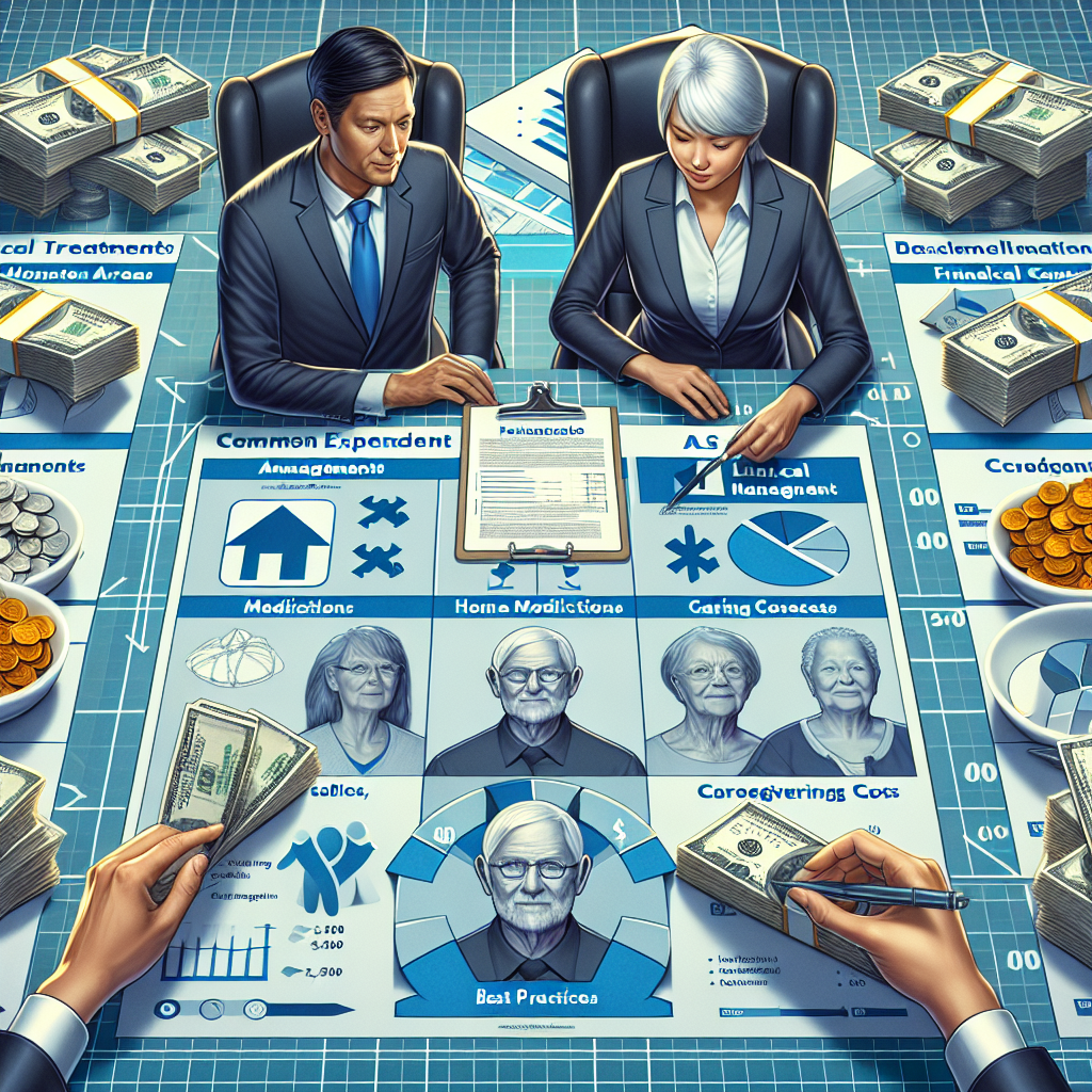 A detailed image visualizing the concept of ALS financial planning. At the center of the image, a Caucasian man and an Asian woman, both dressed in professional attire, working on a large blueprint/table of financial management. The blueprint should indicate common expenditure areas for ALS care: medical treatments, home modifications, and caregiving costs, represented by separate sections with icons. In the background, stacks of banknotes and coins signify the financial resources needed. Hovering over them, a clip-board with a checklist titled 'Best Practices'. This image should have a balance between professional seriousness and comforting optimism.