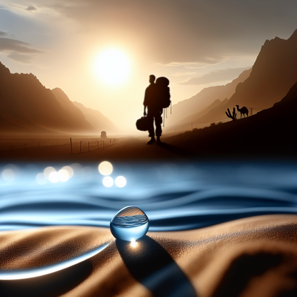 Depict a poignant scene set in the desert landscapes of Nevada. The foreground features a droplet of water, symbolic of life, glistening in the blistering heat. In the background, incorporate the silhouette of a man, representative of an ALS patient, appearing both resilient and fragile against the harsh environment. Show his journey as an uphill struggle, reinforcing the emotional toll of the disease. Remember to maintain an overall hopeful and respectful tone throughout the image.