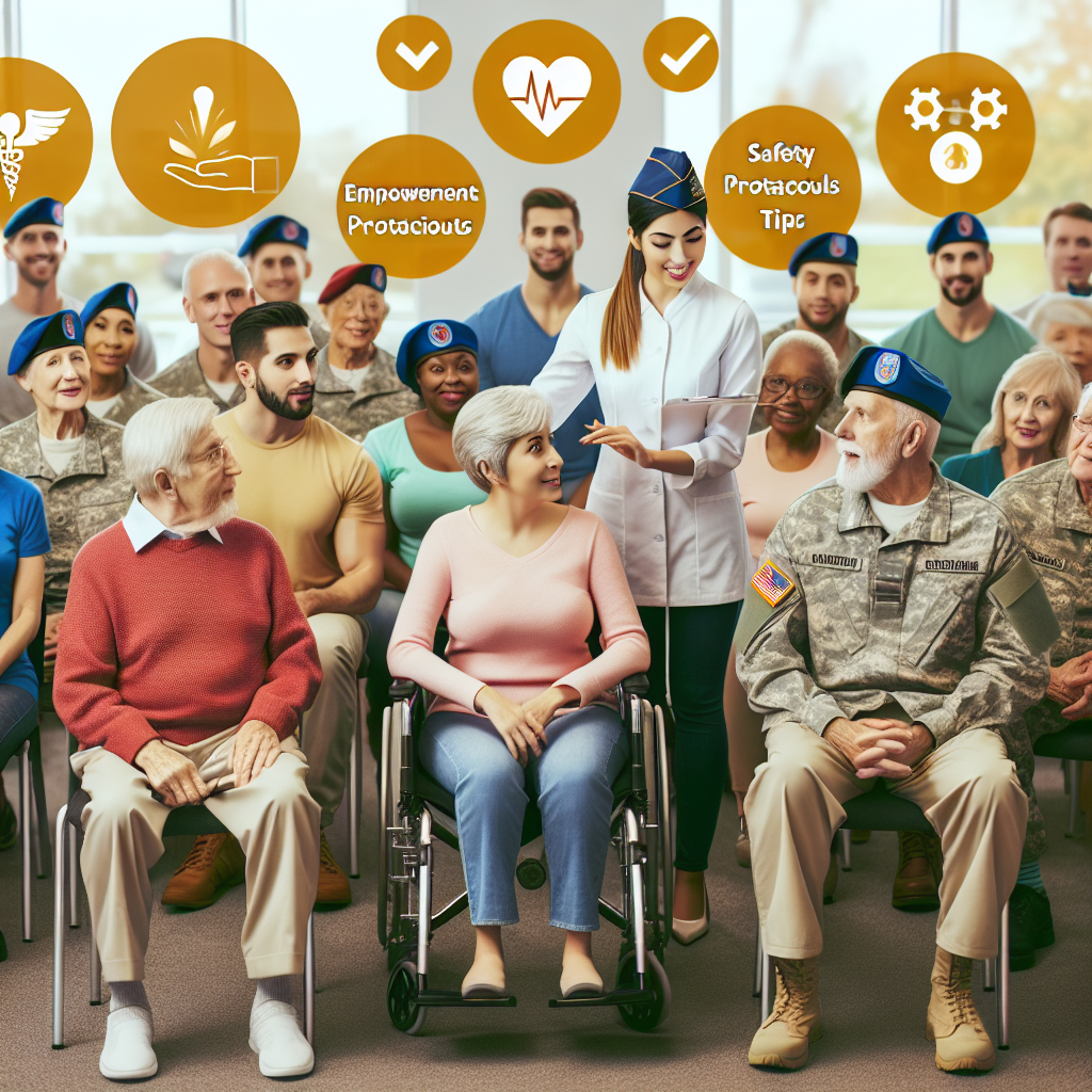 Create an image showing a group of veterans, males and females, with various descents like Hispanic, Middle-Eastern, and Caucasian, in wheelchairs and using other mobility aids, gathered in a friendly, caring atmosphere. They are taking part in a seminar where safety protocols and tips for those with ALS are being presented. Emphasize the elements of empowerment, safety, camaraderie and determination. Use color cues to potentially signify healthcare, safety, and veteran services.
