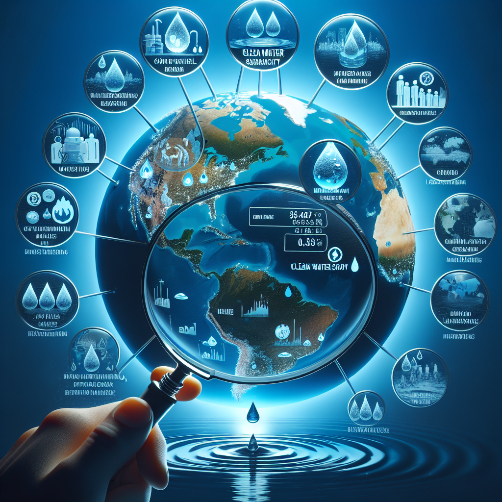 An illustrative representation of global water issues indicating signs of clean water scarcity impacting the earth. The image features an upright globe, focusing on different continents, each highlighted by a droplet of water turned into a magnifying glass showing alarming figures and facts about water pollution, depletion, and disease risks. One of the magnifying glasses is inscribed with the abbreviation 'ALS', as the ripple effects of the water droplet extend to spread awareness about ALS risks associated with water issues. The all-encompassing view implies the global nature of this issue. Notably, people of all genders and descents are depicted working together in combating these issues.