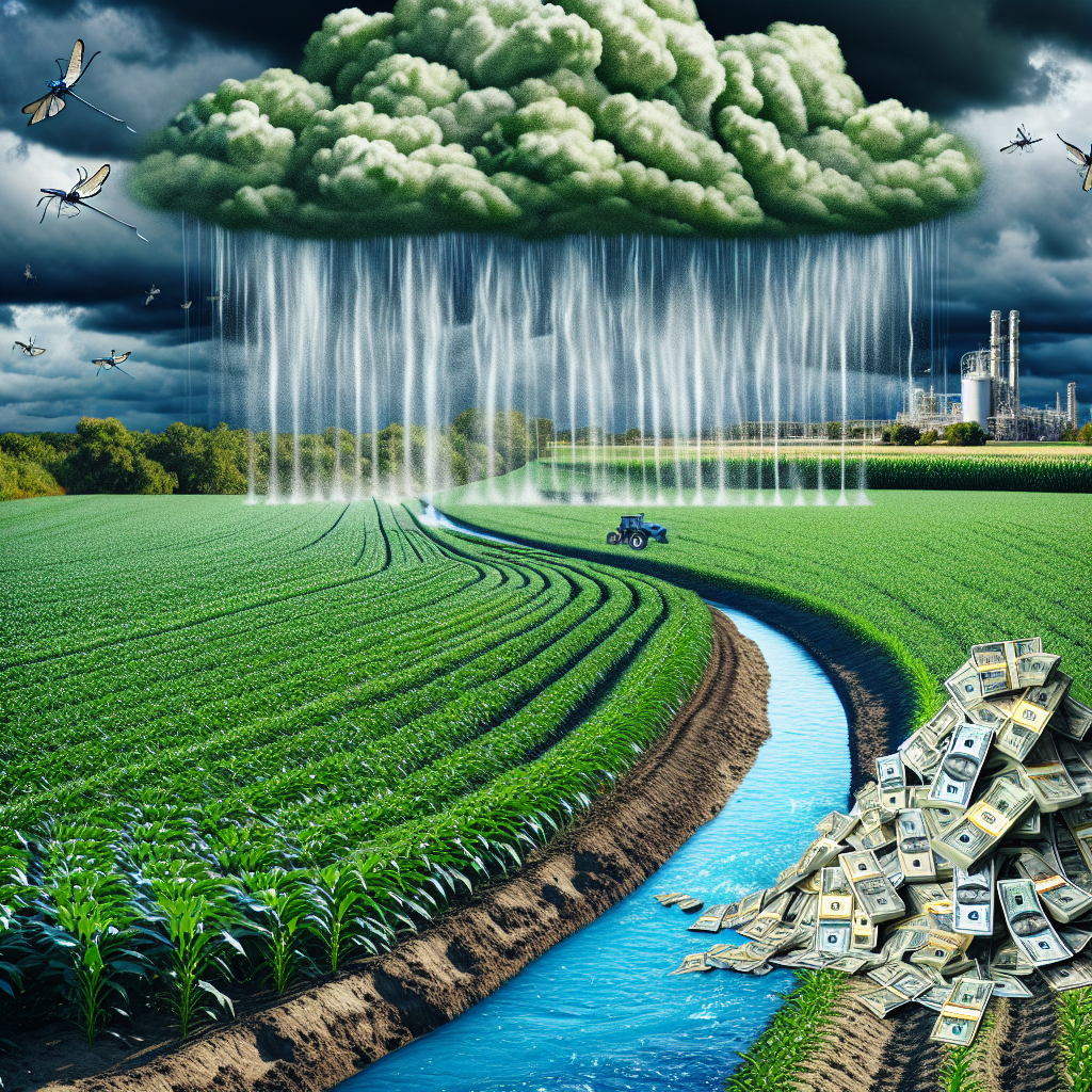 A symbolic representation of a large-scale concept of pesticides runoff. Picture a looming storm cloud raining toxic pesticides onto lush green farmland. The crops are wilting under the harsh chemical deluge, while nearby, a stream brims with the runoff, contaminated with the same toxins. In the distance, there's a pile of currency, huge in comparison to everything else, symbolizing a $228M settlement, casting a long ominous shadow on the landscape. Please include significant details to highlight ongoing issues and the environmental and financial implications of pesticide use.