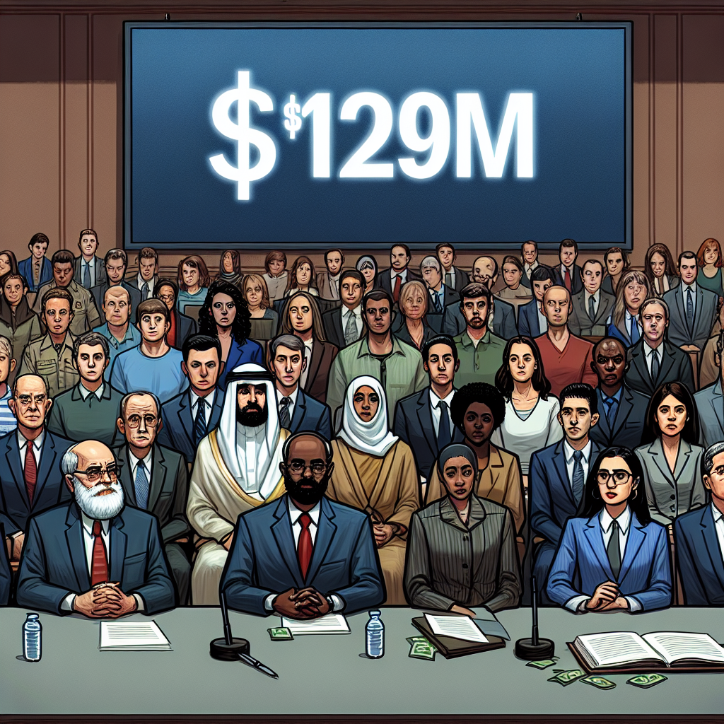 Illustrate an image that depicts the scene of a courtroom where an ongoing lawsuit regarding water safety is happening. Show a diverse range of lawyers and defendants made up of different genders and descents such as Middle-Eastern, Hispanic, Caucasian, and South Asian. In the background, portray a big screen displaying the number '$129M' symbolizing the shocking medical damages incurred. Ensure that everyone in the image is expressing serious and concerned emotions to reflect the intensity of the situation.