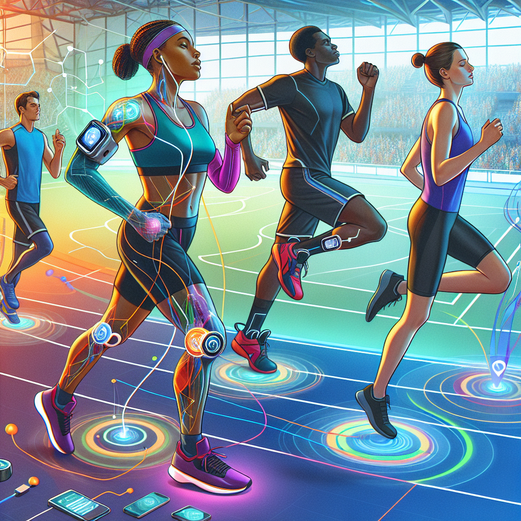 An illustrative scene showing a group of diverse athletes, including a female Middle-Eastern basketball player, a Black male swimmer, a Caucasian female runner all equipped with advanced wearable technology gadgets. These gadgets are designed for people with ALS. The technology is interacting with other devices seamlessly, signifying effortless connection, while the athletes are actively engaged in their respective sports. The colors of the scene are vibrant, emitting positivity and resilience. The background contains a blurred image of a high-tech sports facility, insinuating the progressive era of sports technology for health improvement.