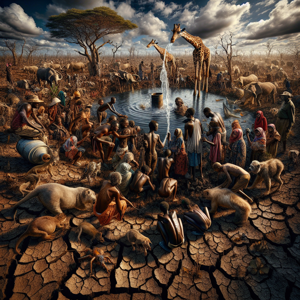 A dramatic scene illustrating the adverse effects of water neglect on human lives. Show a parched landscape with cracked soil, wilted plants, and dehydrated wildlife. In the foreground, a diverse group of people of varying ages, genders, and descents (Black, Caucasian, South Asian) trying to collect water from a nearly dry well. Their expressions reveal struggles, desperation, and hopelessness, capturing the gravity of the water scarcity issue. Through strong compositions and vivid colors, emphasize the human cost of the neglect, thereby revealing the stunning reality of the situation.