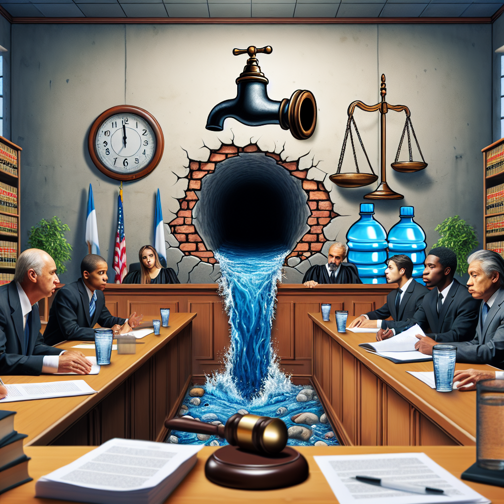 Depict a scene involving a courtroom setting where an unfolding lawsuit concerned with water regulations is being handled. To the side of the room, visualize a large, gaping hole implying the shocking regulatory gaps. Show people of different descents in the courtroom - a Caucasian judge, a Black attorney, a Hispanic plaintiff, and a South Asian defendant. Relevant documents and law books should be strategically placed in the backdrop along with symbols of tap water, a water bottle, and water flow to emphasize the theme of water regulations.