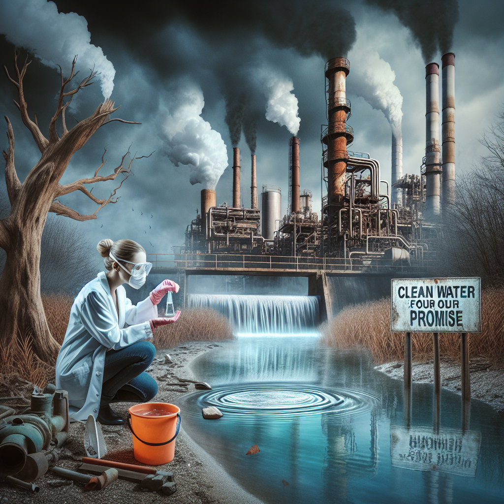 Imagine a gripping scene encapsulating a water contamination scandal involving heavy metals. The focus should be a grimy industrial plant with smokestacks pouring out dense smoke, situated on the bank of a once pristine river that now oozes with an ominous metallic sheen. A neglected sign stating 'Clean water is our promise' stands incongruously by the plant entrance. Nearby, a dead tree, once a symbol of life, stands as a stark reminder of the pollution. Next to the river, a caucasian female environmental scientist is testing the water, her face filled with shock and disbelief at the test results.