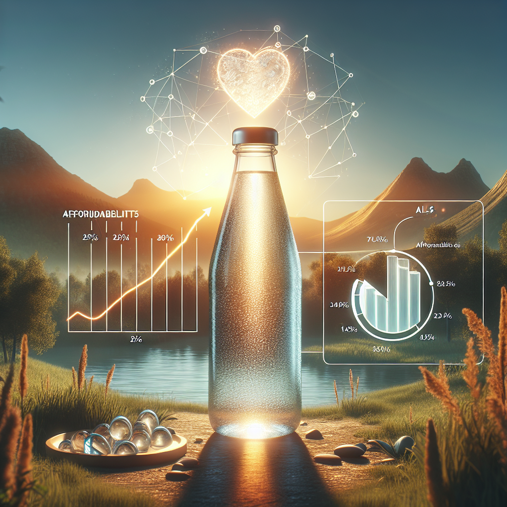Produce a striking image displaying the significant benefits of regular water consumption. The scene should be an open glass bottle of water with a radiant glow, symbolizing health and vitality, set against a backdrop of a peaceful natural landscape. Additionally, incorporate a graph or diagram depicting the affordability and positive effects on ALS (Amyotrophic Lateral Sclerosis). Effuse the whole composition with a sense of hope and wellbeing.