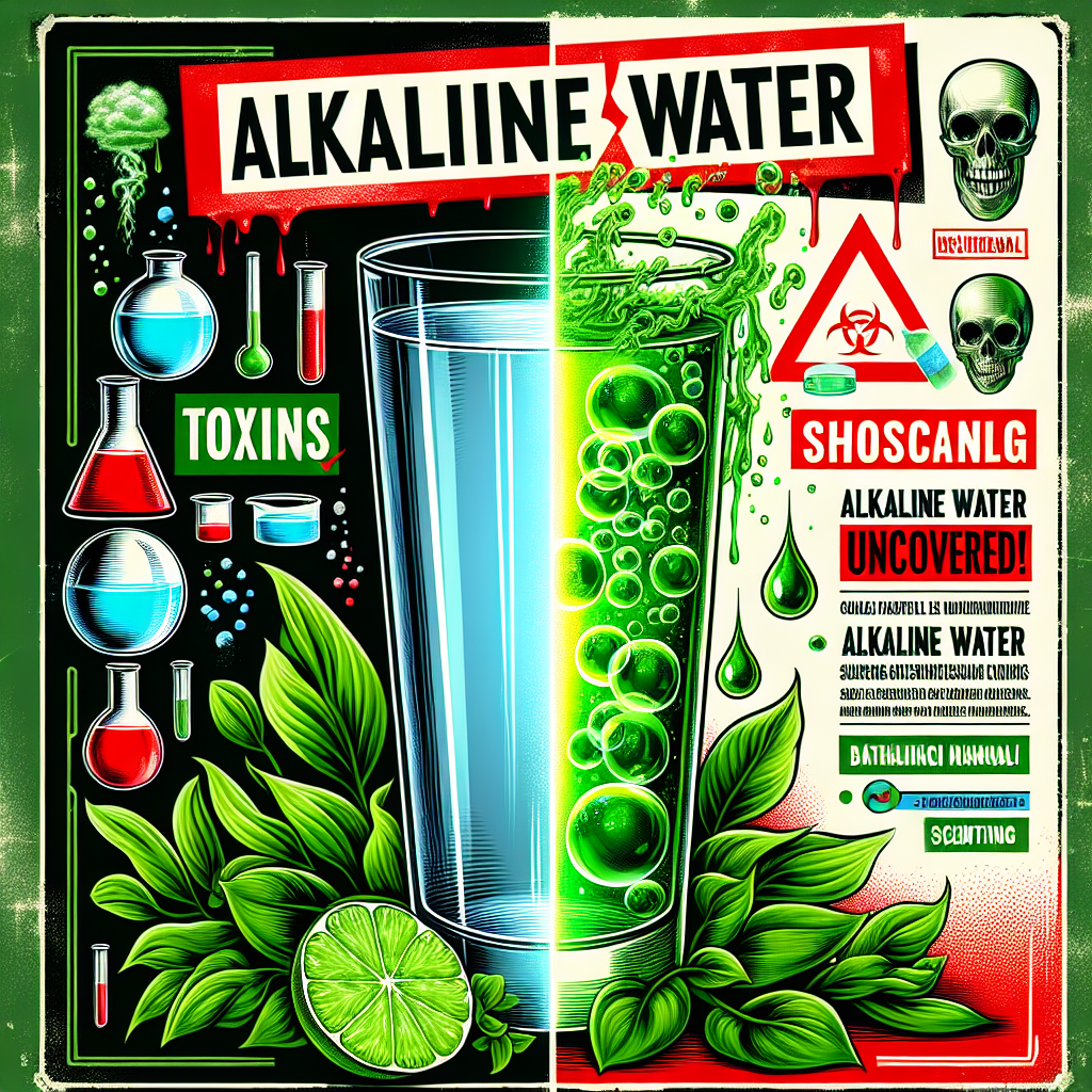 A vivid illustration of the contrast between alkaline and normal water. The left side shows a clean, clear glass of normal water, surrounded by fresh, green leaves, indicating its natural and healthy nature. The right side presents a glass of alkaline water, enveloped in a somewhat eerie, green glow, suggesting the presence of toxins. On the top, hangs a banner with the words 'Alkaline Water Toxins: Shocking Scandals Uncovered!' splashed across in a bold, red color, giving a sense of alarm. Add science lab symbols such as beakers and molecules, subtly in the background for added context of the scientific nature of the topic.