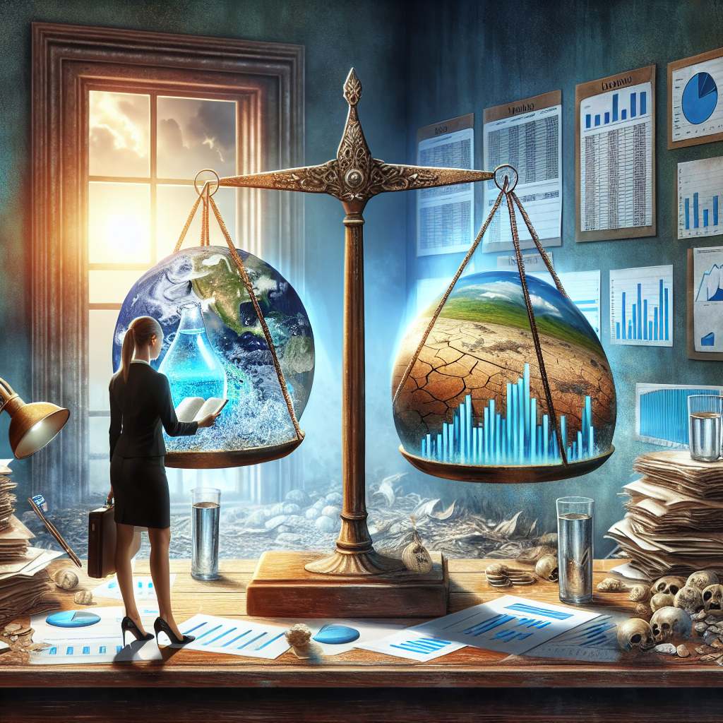 An impactful digital painting illustrating the connection between water risk and ALS financial planning. The scene shows a balance scale on a desk in an office setting. On one side of the scale, a crystal globe filled with water, symbolizing water risk. On the other side, piles of financial documents, charts, and bar graphs, representing ALS financial planning. A Caucasian female financial analyst studies the scales, denoting the challenges of maintaining balance. Outside the window, a representation of a parched earth to depict the seriousness of water scarcity. Medium used resembles 19th-century Realism, with precise details, and usage of strong and vivid colors.