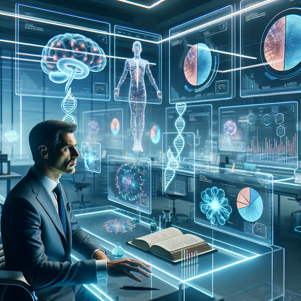 Imagine the interior of a high-tech biotech laboratory lit by soft, cool light. In the middle of it, a Caucasian male CEO with a stern yet compassionate expression is seated at a table, scrutinizing the data on transparent, holographic screens floating in front of him. Multiple screens display colourful DNA strands, and pie charts representing statistical data. A 3D model of a brain neuron indicating ALS signs is prominently featured among the screens. On the table, an open book titled 'Holistic ALS Relief: A New Approach', signifies his dedication to finding an alternative cure.