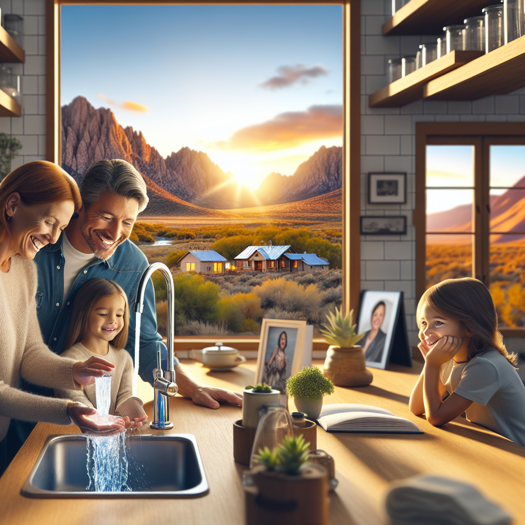 Imagine a beautiful scene in Nevada. A family is happily gathered inside their home. The parents are Caucasian and Hispanic. Their children, a boy and a girl, are watching in excitement as their dad turns on the tap, revealing a crystal clear stream of water. Outside, you can see the sun setting behind the stunning Nevada mountain landscape. On the kitchen table is a photograph of the family before they had ready access to clean water, underscoring the impact this change has had on their lives.