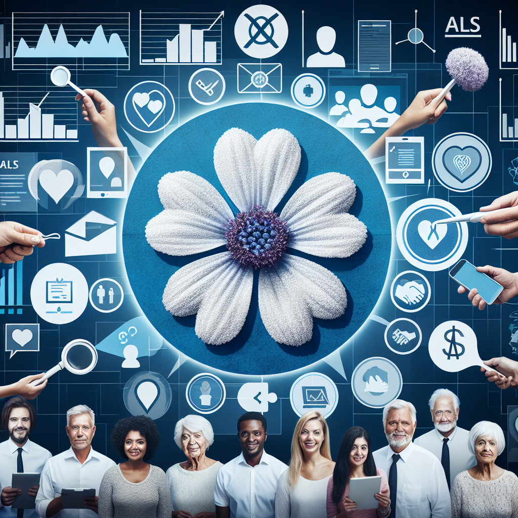 Create an image composed of elements symbolizing ALS awareness and consumer response strategies. In the center, depict a large logo of ALS awareness - a white cornflower in a field of blue. Around this, show infographics of varying shapes and sizes representing different consumer strategies like customer surveys, feedback forms, social media engagement tools. Display these tools in the hands of diverse group of people - a Caucasian man, a Black woman, a Hispanic elderly person, a Middle-Eastern young adult and an Asian individual. Ultimately, the image should highlight the combination of ALS awareness and vital consumer responses.