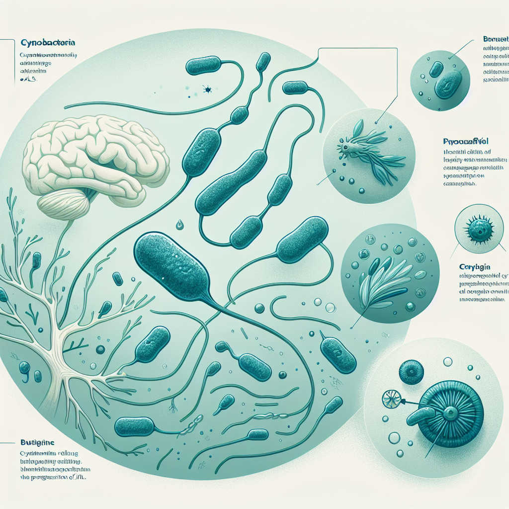 Visualize an educational and informative illustration demonstrating the role of Cyanobacteria in combating the progression of ALS. The image should depict Cyanobacteria, identified by their bluish-green color and unique shapes, interacting with a symbolic representation of the nervous system. Show the Cyanobacteria releasing beneficial substances that help slow down the progression of ALS. The image should have educational captions and labels to increase its informative value. The colors should be soothing, predominantly bluish-green tones juxtaposed with neutral tones for the nervous system representation, set against a light background for clarity.