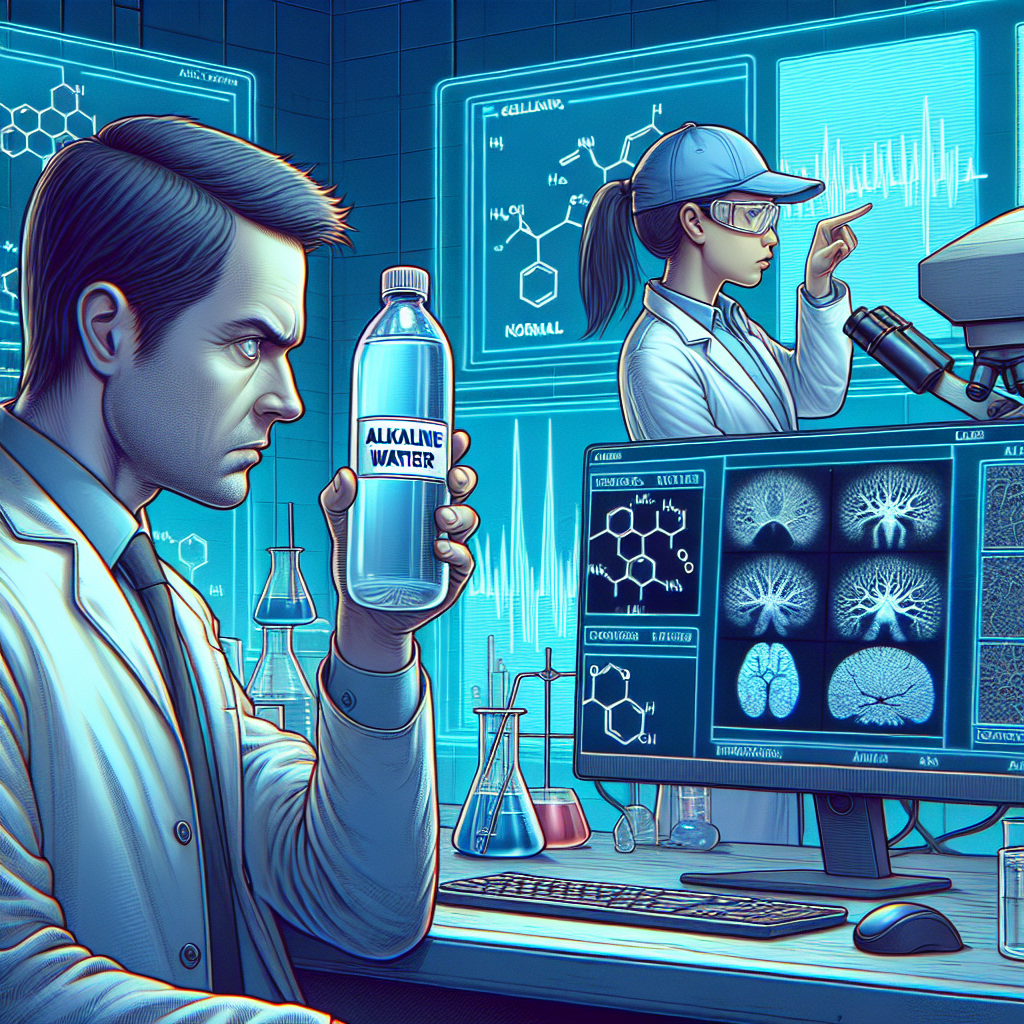 Visualize an article header image showing a laboratory environment. In the foreground, a Caucasian male scientist is inspecting a bottle labeled 'Alkaline Water'. He is viewing it in a suspicious manner, suggesting unsettling discoveries. In the mid-ground, we see digital screens displaying chemical compound diagrams, signaling his investigation into potential toxins. On the side, a Middle-Eastern female researcher is absorbed in comparing ALS neuron images to normal neuron images on a computer software, indicating the article's connection to ALS. The mood of the room should reflect a sense of shock, adding drama to the situation.