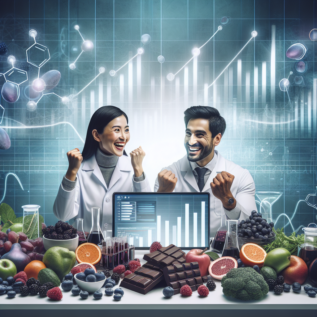 Craft a detailed scene related to health and wellness where researchers, including a South Asian woman and a Hispanic man, are in a brightly lit laboratory as they discover the potential of antioxidants in the prevention of ALS. Their excitement can be discerned despite the serious nature of the topic. Depict the laboratory filled with antioxidants-rich fruits and vegetables like dark chocolates, berries, and leafy greens. On a digital screen, graph results illustrate positive results. The atmosphere conveys hope with a color scheme of light blues and greens symbolizing health and vitality.