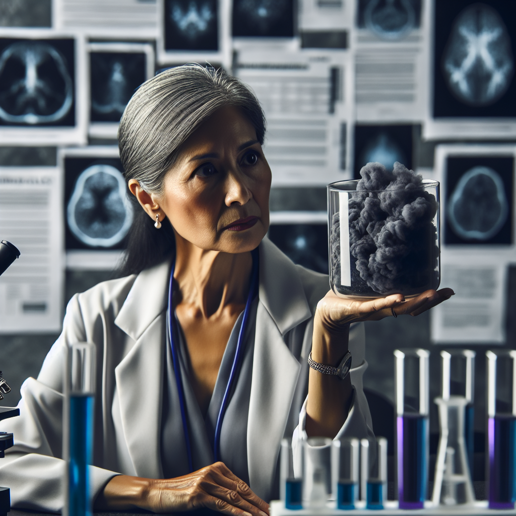 A thought-provoking image of a mature South Asian woman in a medical setting, looking seriously at a glass container filled with a nebulous, ominous-looking substance symbolizing harmful contaminants. She is dressed professionally, signifying her role as a medical researcher or doctor. Amidst scientific instruments in the background, there are documents with visible headlines referring to ALS. The environment conveys the importance of ongoing investigations on how environmental factors could be contributing to the incidence of ALS, particularly in women. The overall tone of the image is both somber and hopeful.