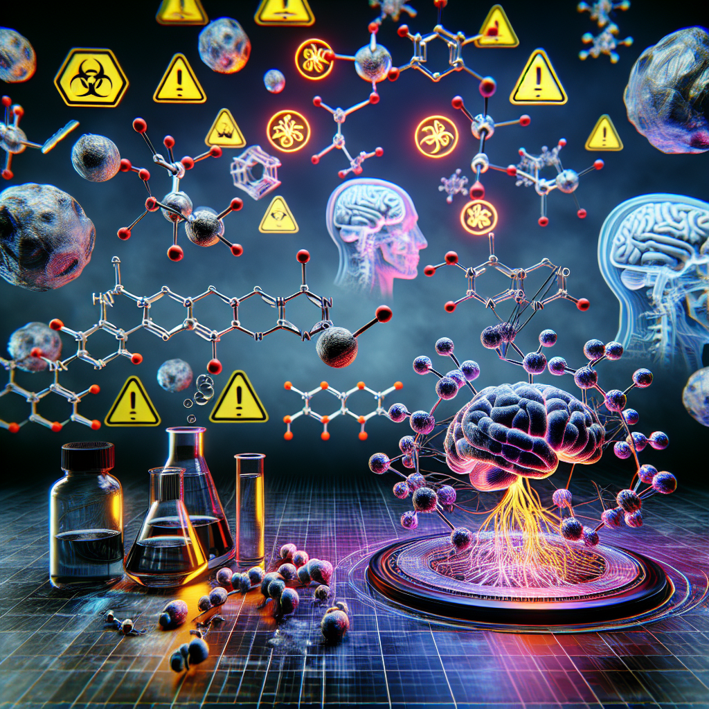 A complex and vibrant scene visualising the risks of hydrazine chemicals in relation to ALS (also known as Lou Gehrig's disease). The scene could feature a large molecule model of hydrazine, with dangerous symbols surrounding it. On the other side, a diagram representing a human nervous system showing signs of damage can be depicted, symbolising the connection to ALS. Accumulate these elements with a deep grey background that results in an atmosphere of caution and concern. Highlight the nerve cells in the nervous system diagram to help the viewer connect the dots between hydrazine and ALS.