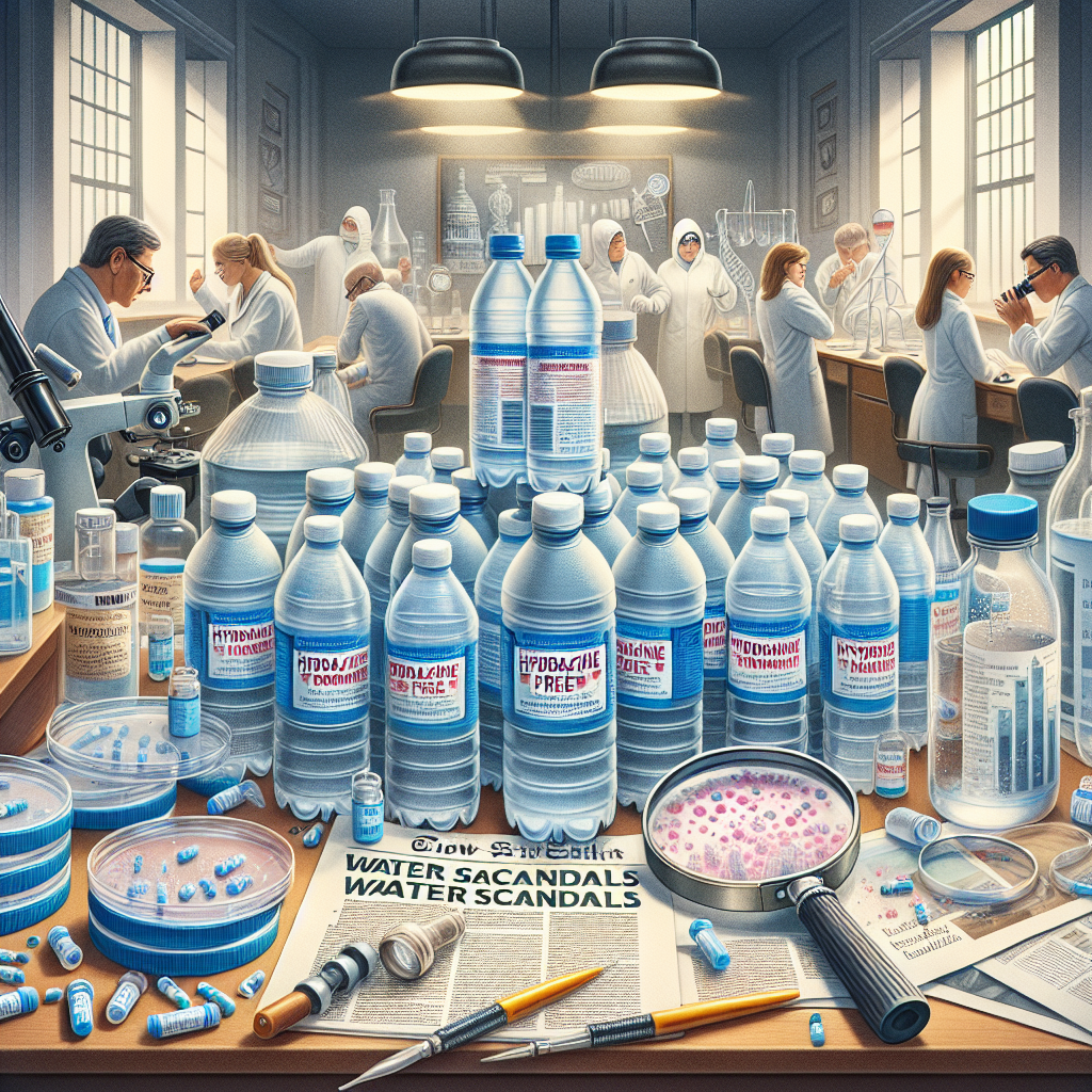 A still life scene displaying various elements related to the topic of 'Hydrazine Contamination: Must-Know Bottled Water Scandals'. The scene should include: a multitude of sealed water bottles with labels reading 'Hydrazine-Free', a newspaper headline reading 'Water Scandals Unveiled', a magnifying glass inspecting the water bottle labels. Also, have an area with petri dishes showing traces of hydrazine and pipettes. In the background, present a diverse group of scientists, a Hispanic male and a Caucasian female, working diligently in a laboratory setting. The style should be realistic and detailed.
