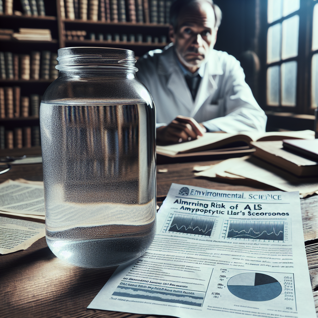 An open glass jar filled with clear, raw water placed on a wooden table. Next to the jar is a sheet of paper with research findings, charts and graphs depicting the alarming risk of ALS (Amyotrophic Lateral Sclerosis) due to raw water exposure. The table is situated in an old-fashioned study room, with scattered papers and books on environmental science. A visibly worried Caucasian male researcher in his 40s, wearing a lab coat, is in the background, peering over the research papers.
