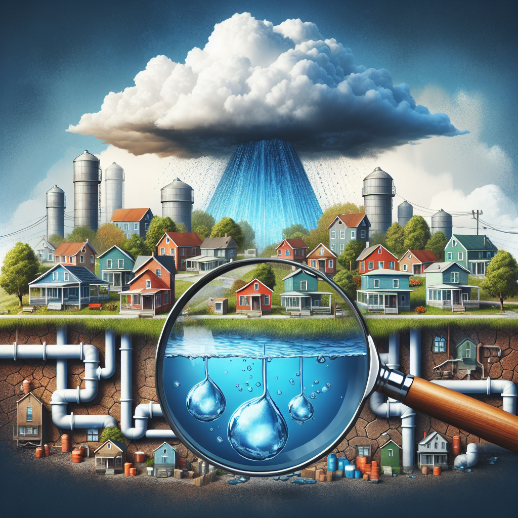 Create an image encapsulating the idea of community water systems. Illustrate an idyllic small town with a variety of buildings, some with visible water pipes. Integrate a metaphorical representation of the ALS risk, such as a storm cloud hovering over the scene or a giant magnifying glass focused on the water supply. Evoke a sense of caution and revelation, while keeping the setting realistic and relatable. Please avoid any distressing or overly negative imagery, but do convey a level of concern about the issue.