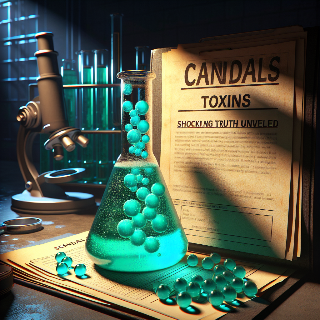 Imagine a striking scene symbolizing the concept of 'Alkaline water toxins.' Picture a vivid 3D render of a flask containing turquoise bubbling alkaline water, appearing deceptively inviting. Perched precariously on top of a file with the word 'Scandals' written boldly on it. The document underneath is opened to a page where 'Shocking Truth Unveiled' is highlighted. In the background, render a collection of laboratory equipment veiled in a dim, ominous light, hinting at their controversial usage. Shadows extend over the scene emphasizing a suspenseful atmosphere. Take inspiration from classic dysterian noir aesthetics in creating this compelling visual metaphor.