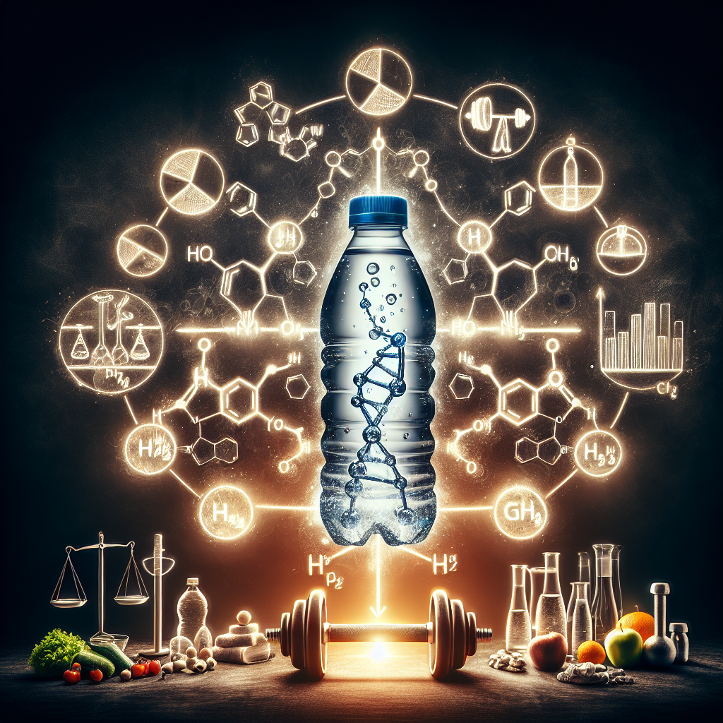 A striking visual composition representing the concept of health truths associated with alkaline water. A bottle of alkaline water stands tall in the middle, surrounded by illuminated sketches of molecular structures representing water's chemical properties. Around the scene, various symbolic elements like scales balancing a healthy diet, a gym dumbbell, and fresh fruits and vegetables propagate the connection of a healthy lifestyle. Ensuring accuracy, an analytical chart on the pH level of water is noticeable. The tone of the image should be neutral to reflect the unbiased assessment of alkaline water's effects on health.