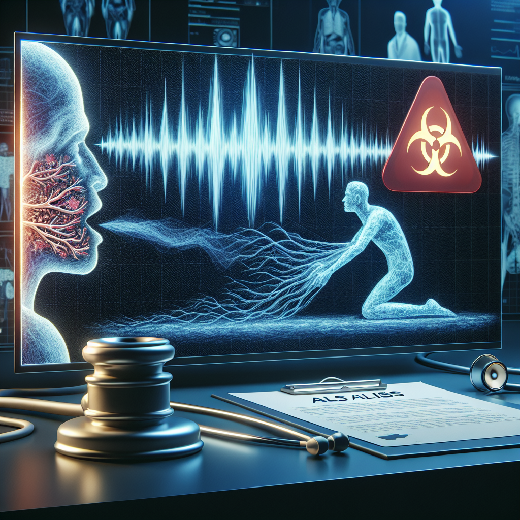 Visualize an abstract representation of speech affected by ALS, with a clear indication of the associated swallowing difficulties. Show a graphic of a soundwave altered by the condition, alongside an animated representation of a human silhouette struggling with swallowing. Enhance the image with a threat icon to portray the hidden danger. The scenery should be set against a backdrop of clinical tools and medical reports to further emphasize the challenges faced in dealing with this condition.