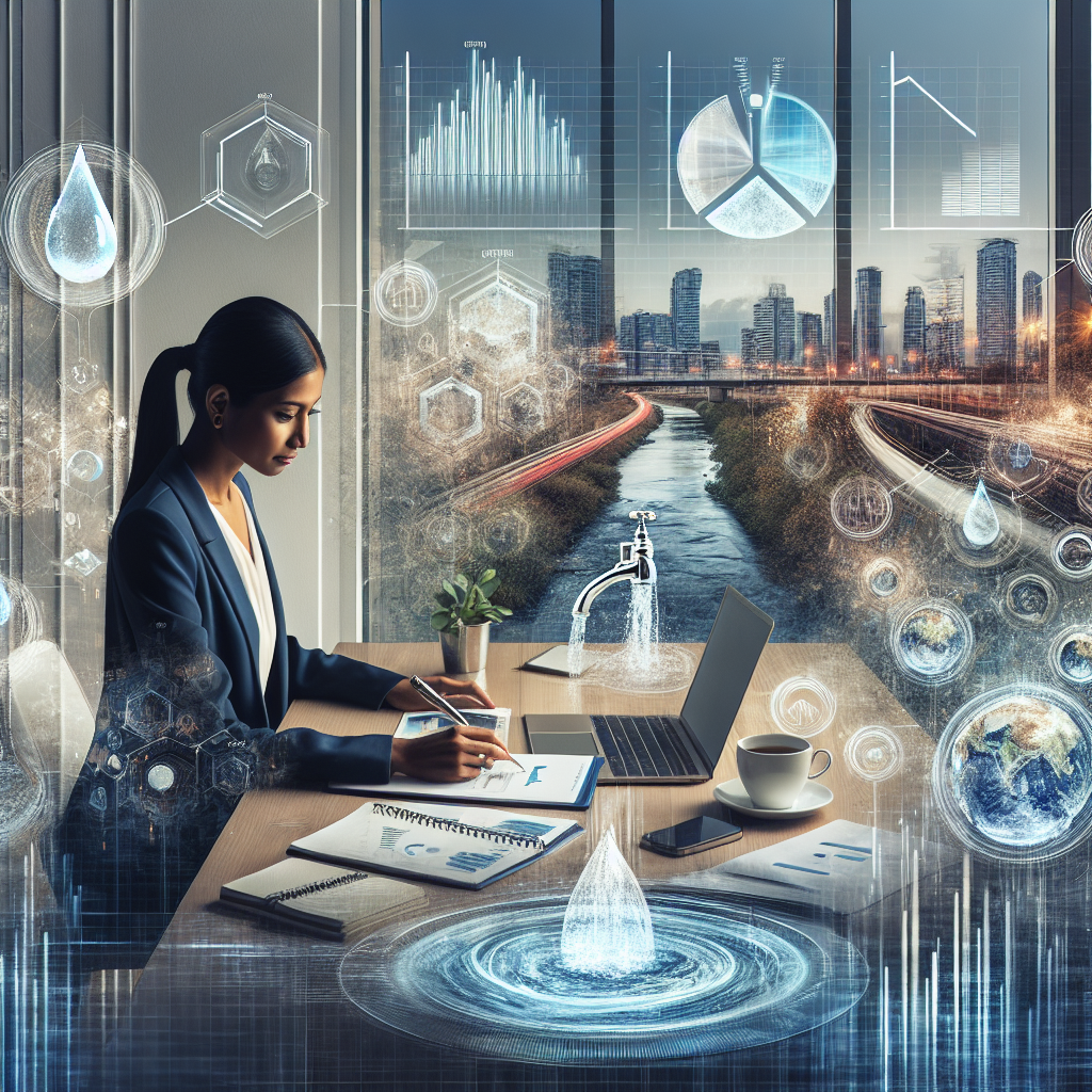 An intricate image highlighting the concept of financial planning related to water resources. In the foreground, a South Asian female financial analyst in professional attire is reviewing financial charts and graphs related to water resources. She is seated at a modern and minimalistic desk with a laptop, notepad, pen, and a cup of coffee. Surrounding her are floating, holographic images depicting water resource graphs and statistical insights. In the semi-transparent background, elements of water - a flowing river, water droplets, a tap with droplets falling, symbolically representing the theme. The setting could be an office with large windows overlooking a cityscape to denote the urban context.