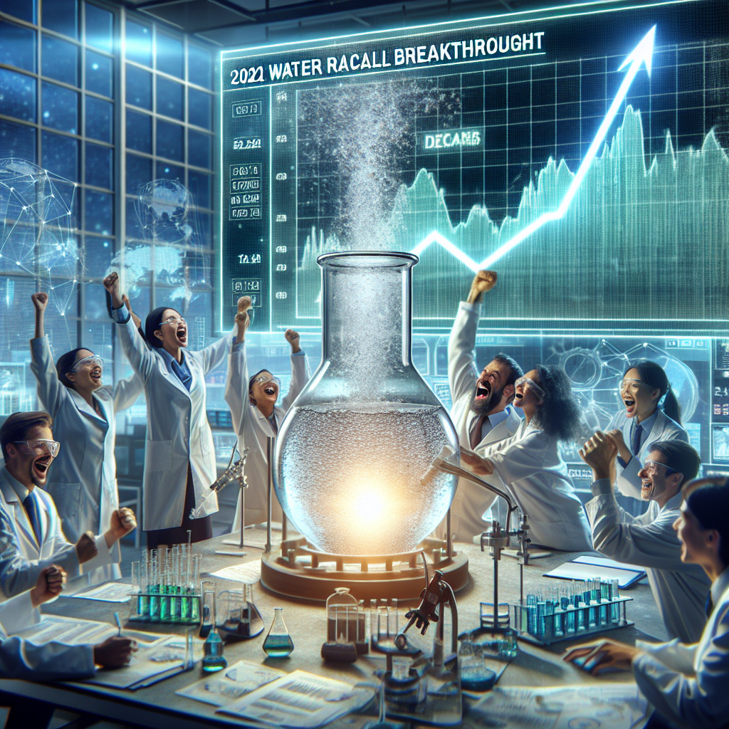 Create a detailed and realistic image for a newsworthy event. Show a dynamic, and important scene happening inside a laboratory where scientists of various descents - including South Asian, Hispanic, and Middle-Eastern, both male and female are jubilant about their new discovery. In the center, have a flask filled with clear liquid bubbling over from a piece of equipment. Projected onto a wall behind them, visualize a digital chart showcasing a sharp positive trend that headlines '2021 Water Recall Breakthrough'. Make sure the atmosphere is full of excitement and positivity.