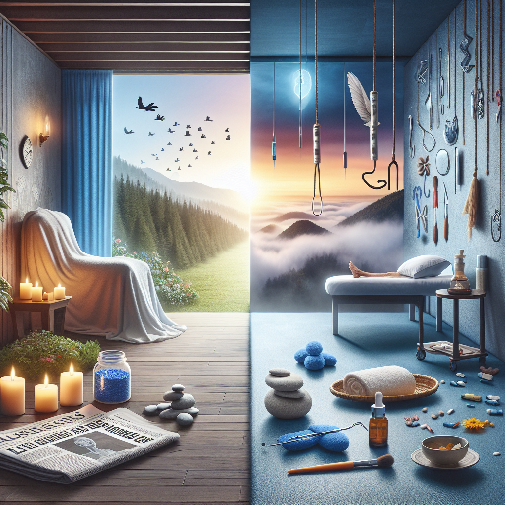 Create an image that symbolizes the concept of holistic care for ALS (Amyotrophic Lateral Sclerosis) juxtaposed with controversy. The image should include a serene setting, perhaps a tranquil room filled with soft natural light, soothing color palette, and elements that suggest alternative therapeutic approaches, such as acupuncture needles, massage tools, herbal medicine, and a yoga mat. Outside this room, hint at a scandalous atmosphere by showing newspapers with blaring headlines, a broken trust symbol, or whispers in the distance. Remember: the image should evoke a feeling of both hope and discomfort.