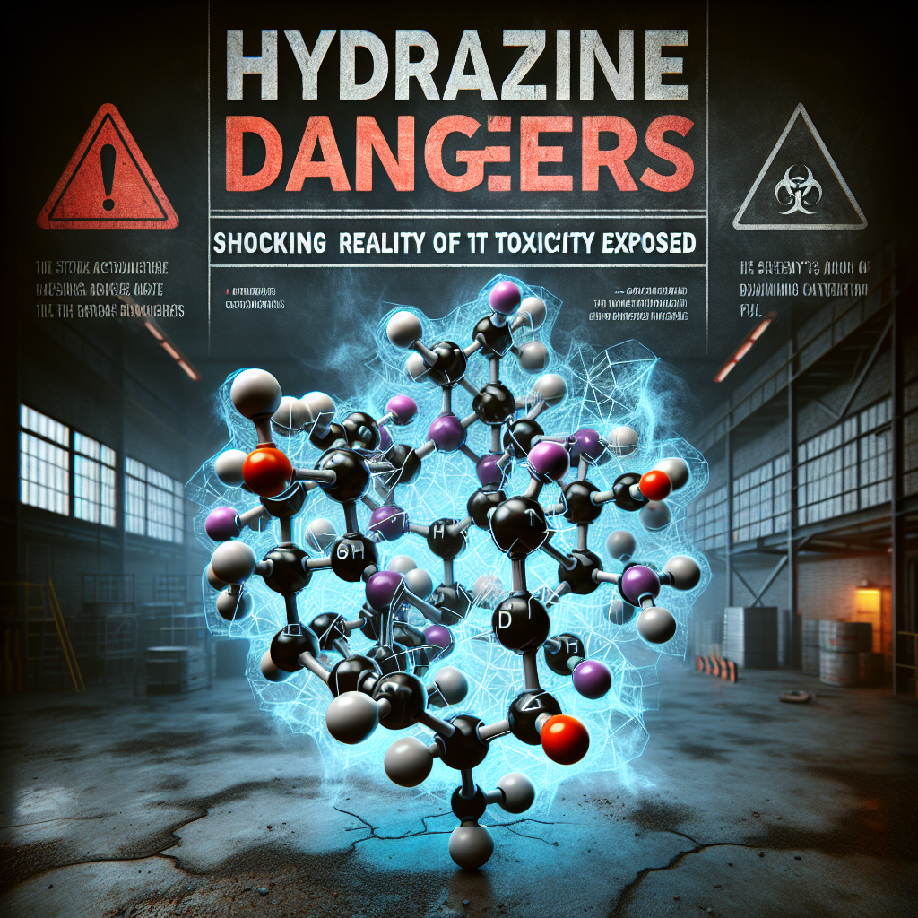 An alarmingly detailed 3D molecular representation of the hazardous compound Hydrazine (N2H4), with each atom type in the structure distinctly color-coded. A haunting, gloomy, industrial background suggesting a production or storage facility with evident danger signs prominently displayed. A visible aura around the molecule symbolizes its toxicity. The headline 'Hydrazine Dangers: Shocking Reality of Toxicity Exposed' is displayed prominently at the top in bold, etched, gripping typography.