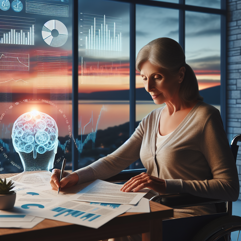 Create a composition that represents ALS financial planning: Conceptualize the image with an ALS patient in a wheelchair, Caucasian woman in her 50s, in the foreground, demonstrating resilience and positivity. She's going through paperwork which denotes financial planning and successful decisions, symbolized by graphs and charts showing positive growth. Include a view of a calm and beautiful dusk landscape in the window behind her, signifying peace and success in the future. The atmosphere should convey hope and a sense of accomplishment.