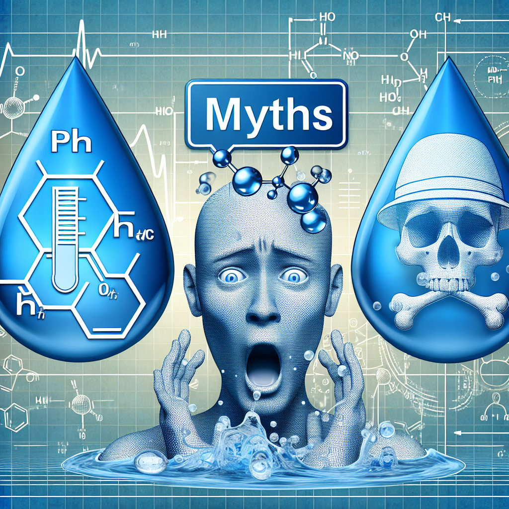 An accurately rendered image showing the concept of 'Alkaline Water Myths'. Design may include three main elements: a beautifully illustrated water molecule with a pH scale showing alkaline region, a busted myth symbol indicating the exposure of misconceptions, and a shocked face, representing the shocking truth. The backdrop can be a faint blueprint layout to signify scientific scrutiny. Please do not include any human figures.
