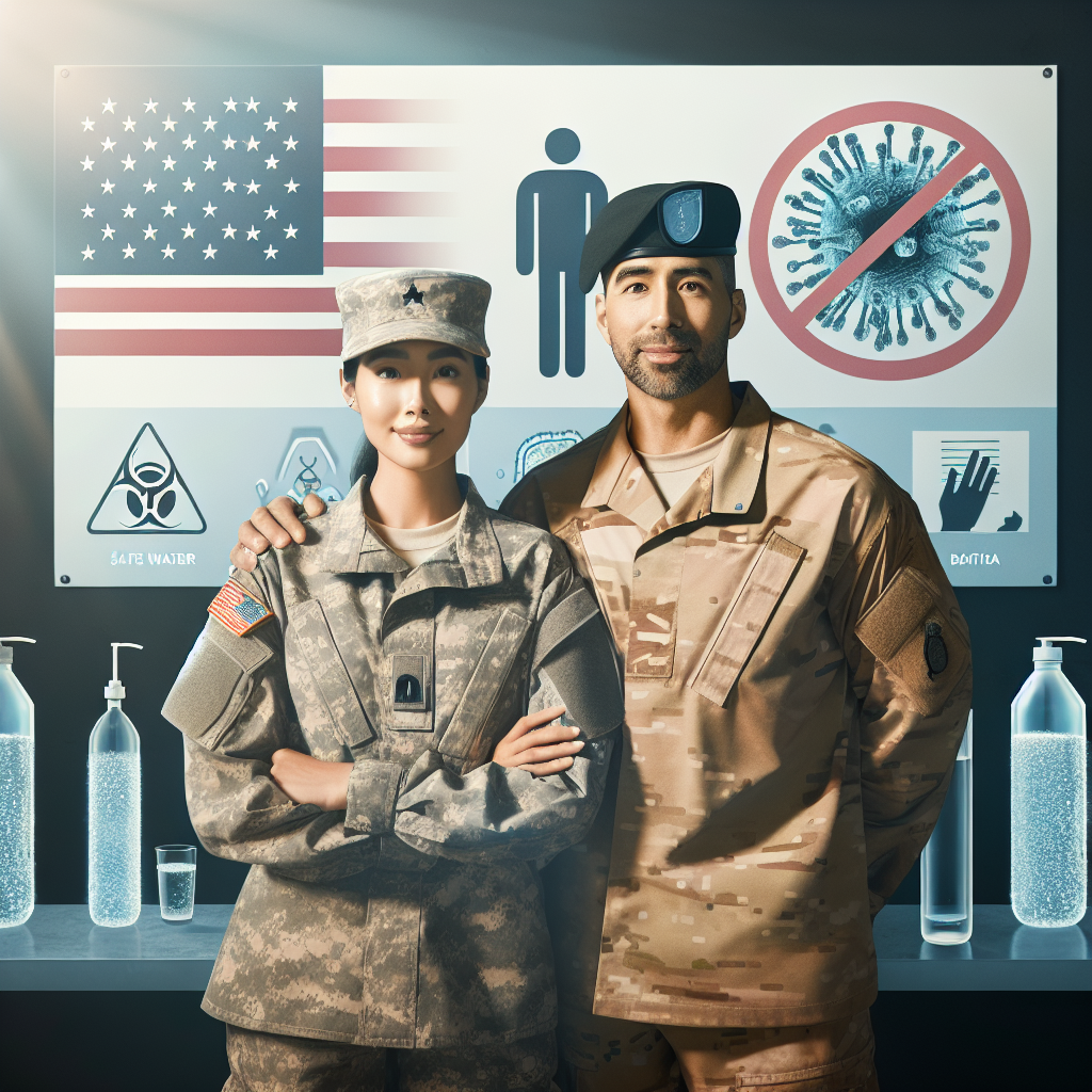 Create an image to visually represent an article dealing with Amyotrophic Lateral Sclerosis (ALS) and veterans. The scene should involve a female soldier with Hispanic descent and a male soldier with Black descent both middle-aged, wearing military uniforms, and standing together. They are in front of a sign that says 'Safe Water'. There is a deseased bacteria sign crossed out in the background to represent the prevention of risk. Incorporate elements to suggest safety, such as clean water in bottles, protective gear, and health-related icons. The goal is to present an environment that speaks about reducing risks for veterans with ALS.