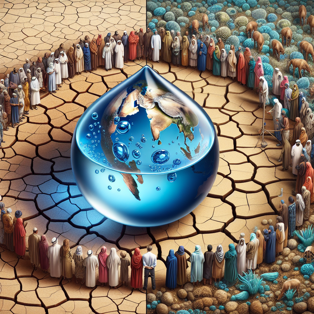 Visualize a photorealistic and detailed image that represents the impact of global water issues. The frame is divided into two halves. On the left half, we see a diverse group of people of various descents, such as Middle-Eastern, South-Asian and White, collected around a dry, cracked earth, symbolic of water scarcity. They look worried and are discussing among themselves. On the right half, we see a close-up of a cobalt-blue droplet, containing a reflection of microscopic ALS (Amyotrophic lateral sclerosis) hazards or neuro-toxins often found in contaminated water. The image should invoke a sense of urgency, highlighting the critical need for clean, safe water.