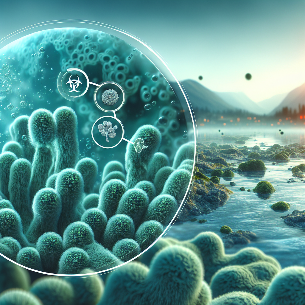Create a high-quality, photorealistic image that illustrates an article about Cyanobacteria. The primary focus should be a close-up view of the cyanobacteria's bluish-green color and intricate structure. Secondary elements can include popular sources of cyanobacteria like rivers and lakes against a backdrop of a natural environment. Overlay the image with the bold headlines 'Cyanobacteria: Best Tips to Effortlessly Lower ALS Risk' in an attention-grabbing font. Also add some visual representation of the connection between cyanobacteria and lowering the risk of ALS, such as a symbol for health and wellness to imply the benefits.